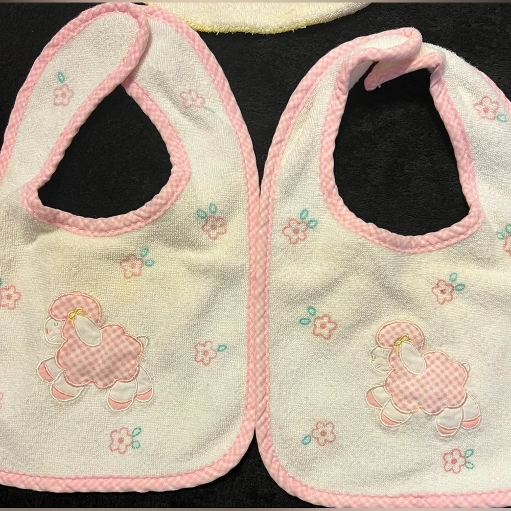 Vtg 60s Baby Girl 0-3 mths Little Lamb Pink and White Drool Bib Lot of 4